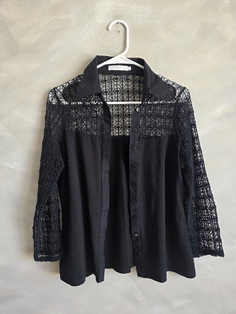 Anne Fontaine Paris Black Pima Cotton Stretch Shirt Sheer Lace Top FR 44 US 12